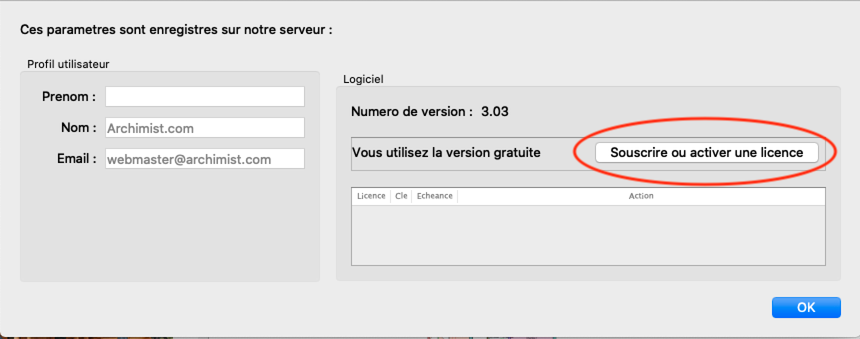 Fen�tre de param�tres de compte